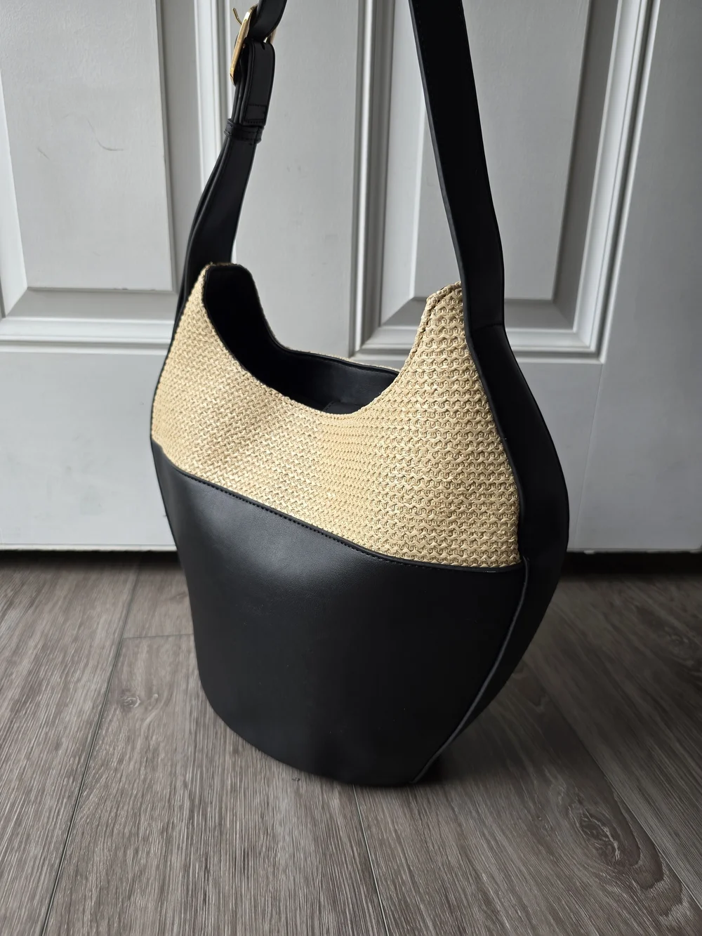 Anthropologie Raffia Mix Bucket Tote Black Woven Straw Hobo Shoulder Bag Boho